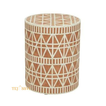 Bone Inlay Handmade Modern Cylindrical Design Side Table | Tribal Bone Inlay Stool in Brown/sofa side Table/Wooden Modern Luxury Furniture.