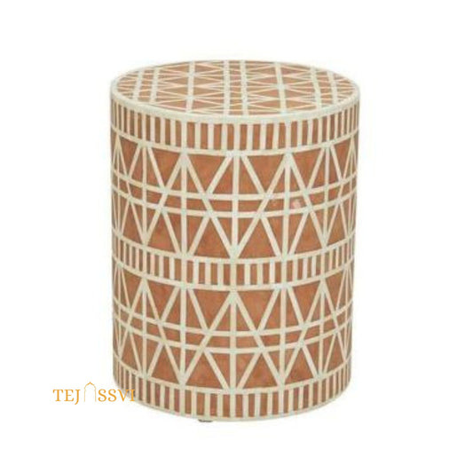 Bone Inlay Handmade Modern Cylindrical Design Side Table | Tribal Bone Inlay Stool in Brown/sofa side Table/Wooden Modern Luxury Furniture.