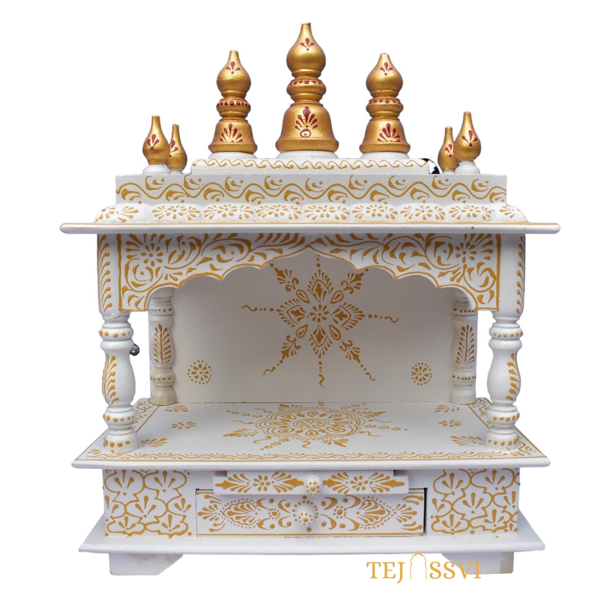 Wooden Open Temple Pooja Mandir | Beautiful Wall Hanging Small Wooden Temple for Home | Wooden Prayer Room, Alter, Shrine, Pooja Ghar