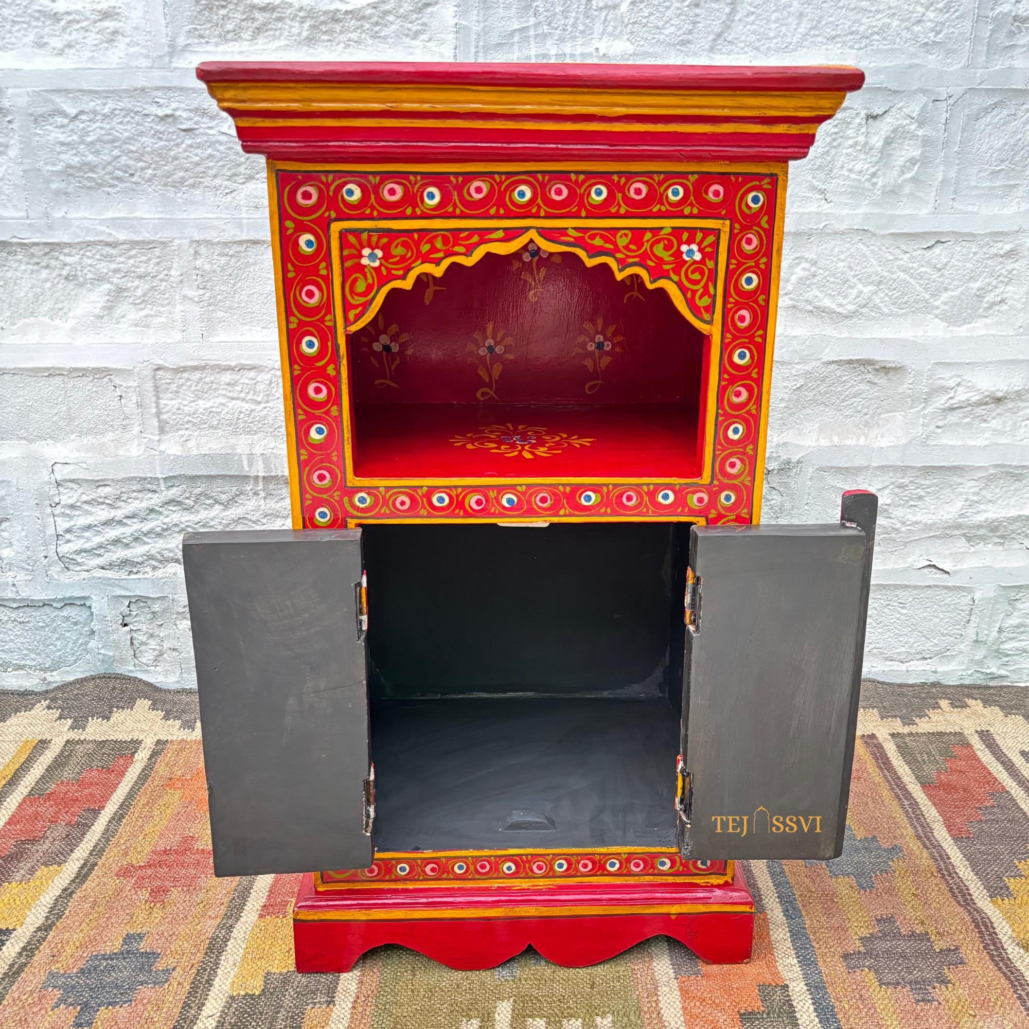 Handmade Hand Painted Bedside Table in Red & yellow / Home Décor Table / Hand painted Side Table / Indian Moroccan painted Furniture.