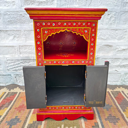 Handmade Hand Painted Bedside Table in Red & yellow , Home Decor Table, Handpainted side table, Indian Moroccan painted Furniture.