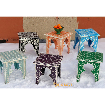 Handmade Blue Bone Inlay Table | Bone Inlay stool | Bone inlay floral  side table | Bone Inlay Antique Corner Table, Modern Luxury Furniture