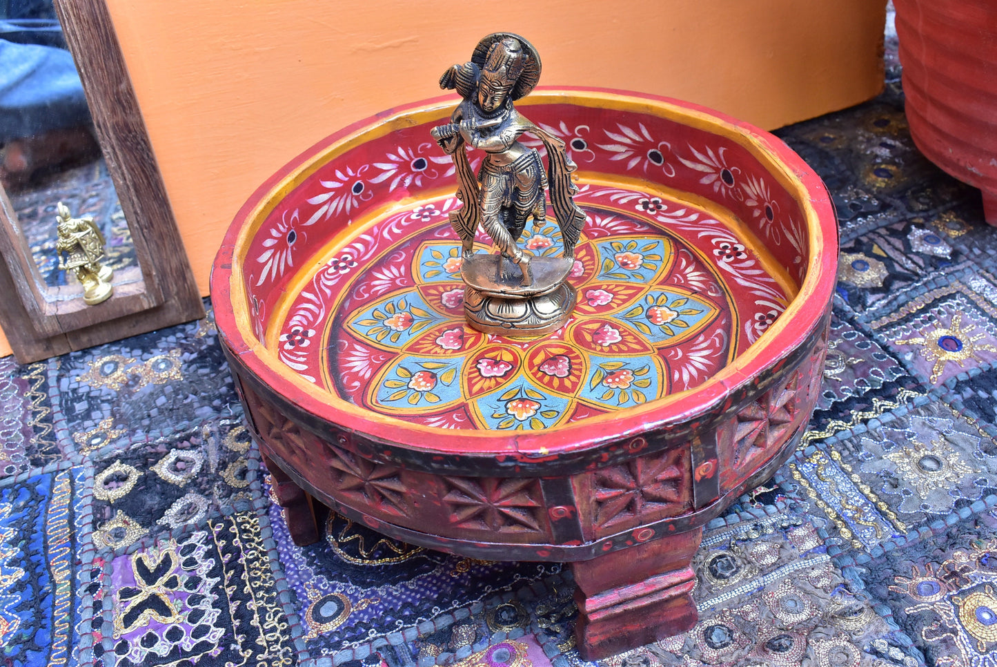 Wood Flower Hand painted Round Chakki Table ,Coffee table, Wood Side Grinder Table ,Indian Central Table Home art Furniture Decor table.