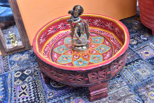Wood Flower Hand painted Round Chakki Table ,Coffee table, Wood Side Grinder Table ,Indian Central Table Home art Furniture Decor table.
