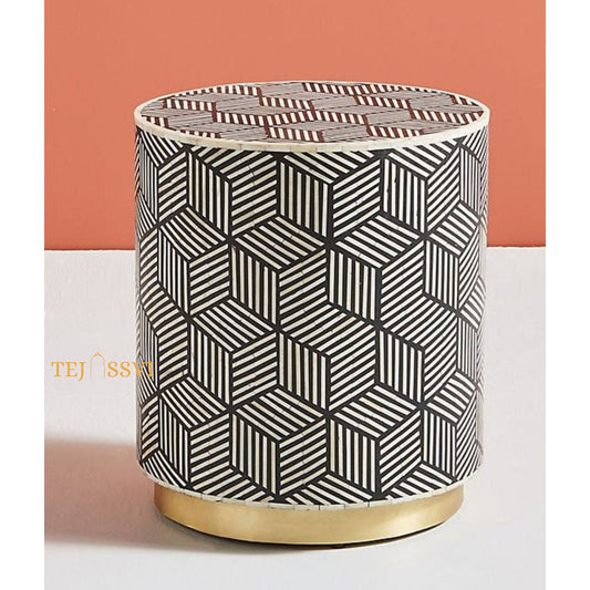 Handmade Bone inlay Round black stripe Design stool| Tribal Bone Inlay Stool in Brown | sofa side Table, Modern Luxury Furniture.