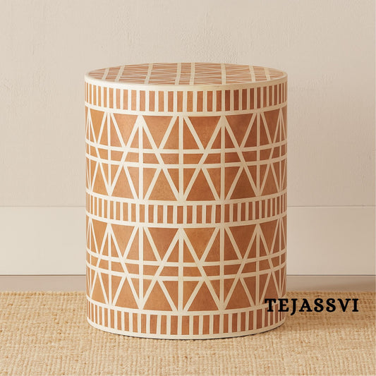 Bone Inlay Handmade Modern Cylindrical Design Side Table | Tribal Bone Inlay Stool in Brown/sofa side Table/Wooden Modern Luxury Furniture.