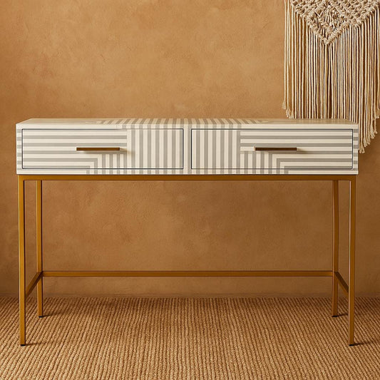 Wooden Bone Inlay Console Table | Hall-Way Entry Table | Bone Inlay 2 Drawer Console Table, Bone Inlay Stripe Desk Grey, Bone Inlay Storage.