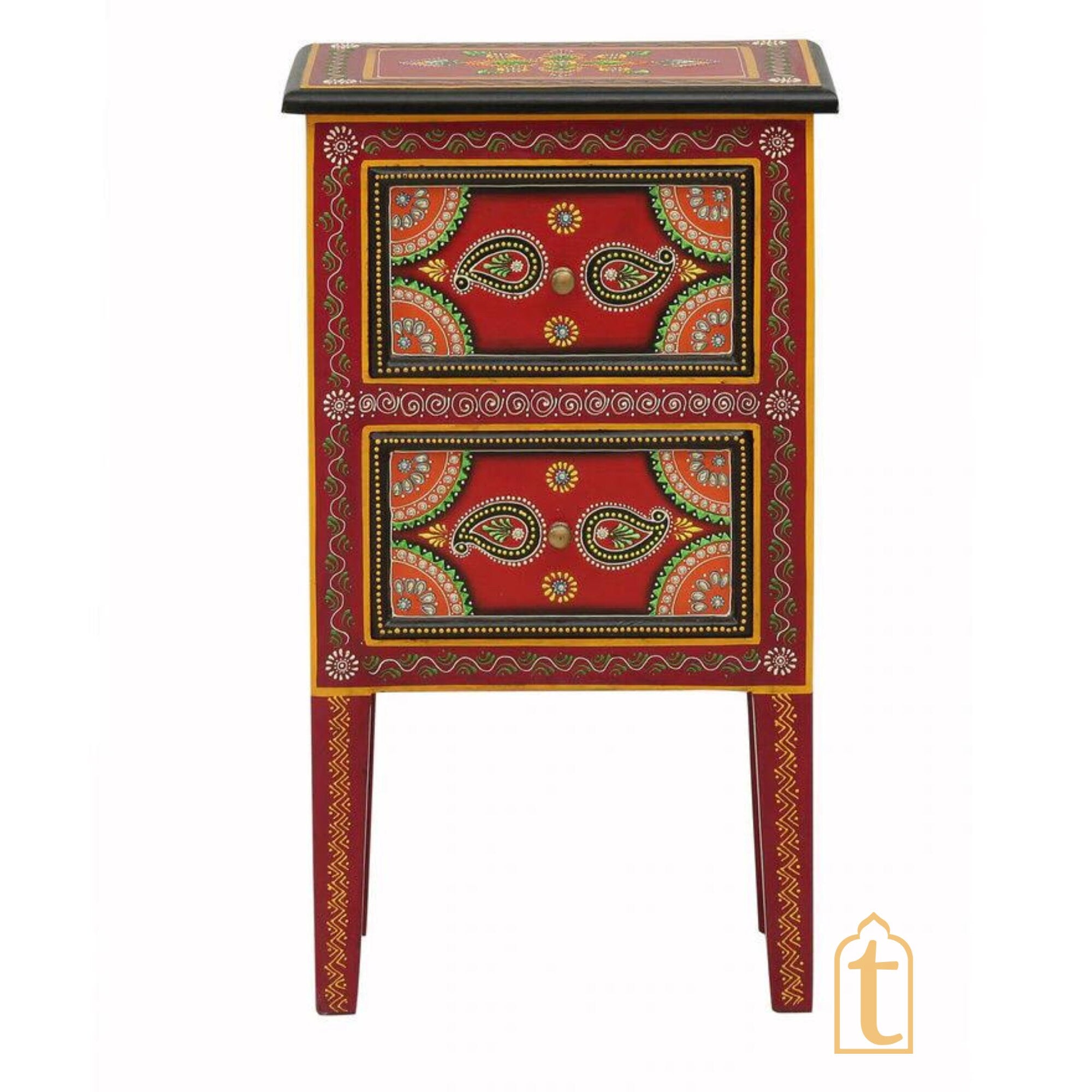 Hand Painted Wooden End Table / Bedside | Sofa Side Table | Small Chest of Drawer for Living Room | Traditional Side Table with Drawers