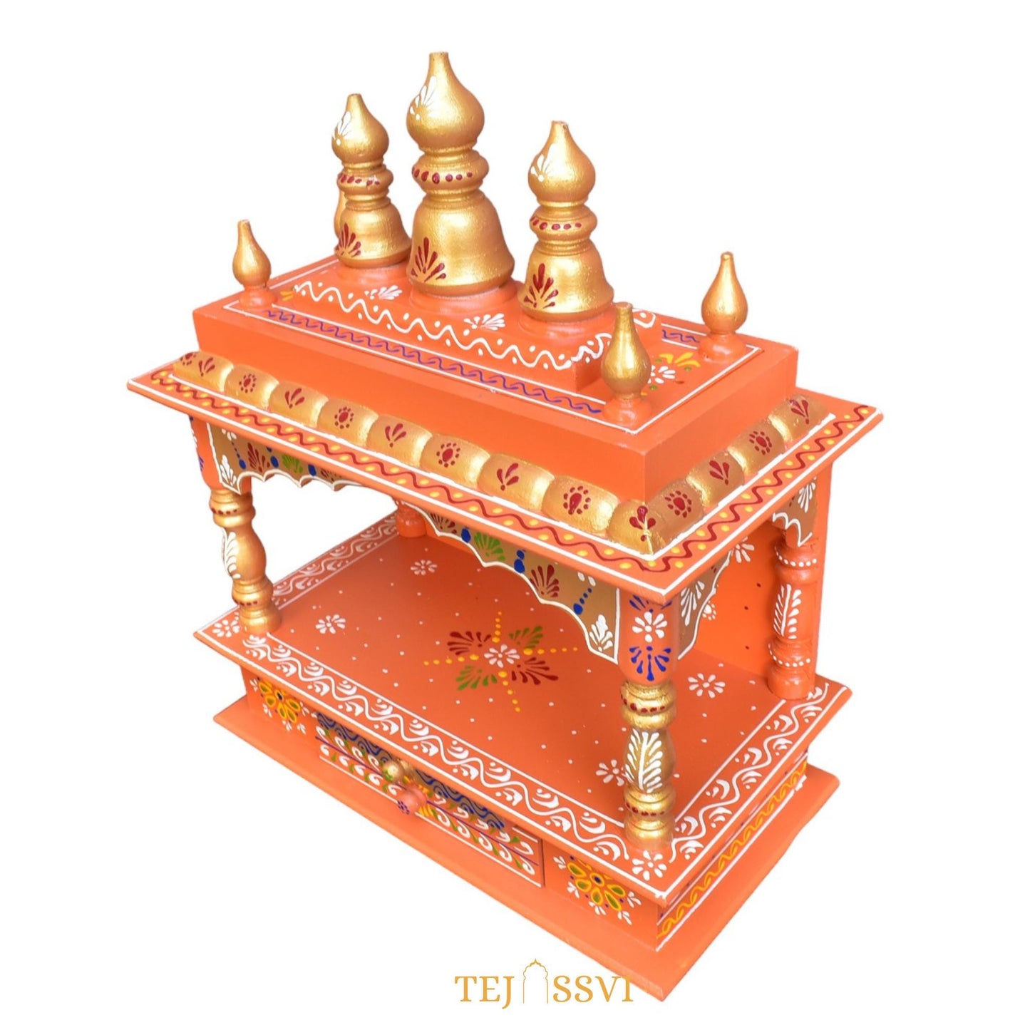 Orange Wooden Open Temple Pooja Mandir | Beautiful Wall Hanging Small Wooden Temple for Home | Wooden Prayer Room, Alter, Shrine, Pooja Ghar
