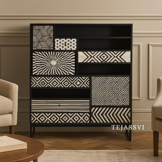 Indian Handmade Cabinetry Furniture.Handmade Bone Inlay Black Multi-Drawers Cabinet | Bone inlay Storage Cabinet with Multi Drawer & Door |