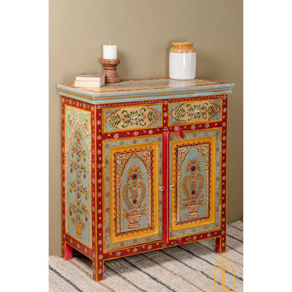 Indian Handicraft Wood Artistic Floral Painted Bedside Furniture Cabinet, Bedroom Furniture, Hand painted Chest Of Dressers, Nightstand.