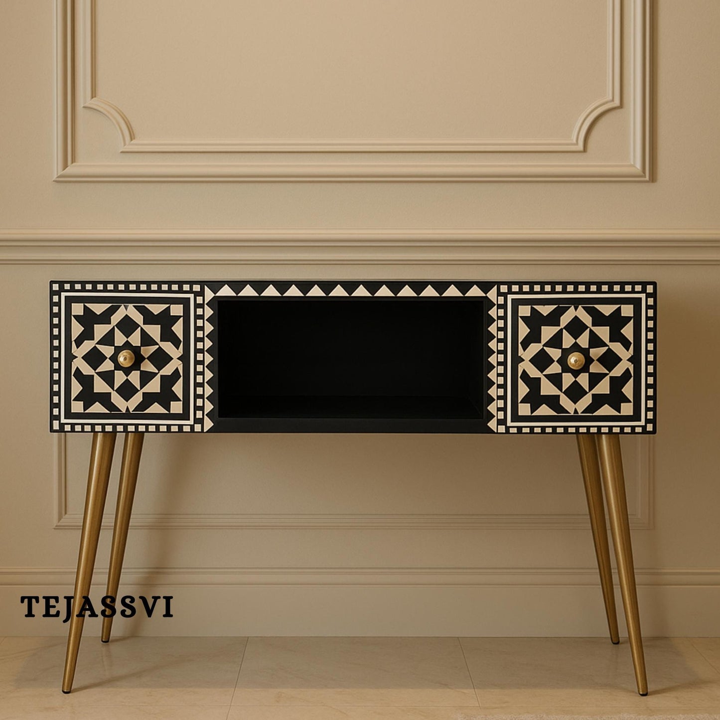 Handmade Bone Inlay Wooden Modern Black Console Table Bone Inlay Desk With 2 Drawer Furniture With Metal Legs/Wooden Side Table/Luxury Table