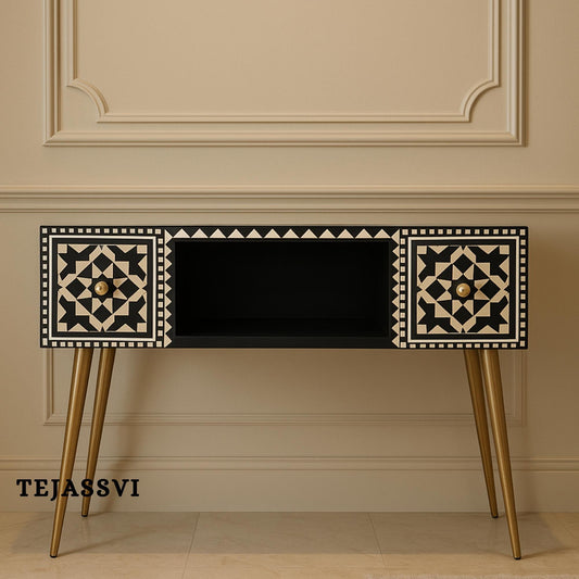 Handmade Bone Inlay Wooden Modern Black Console Table Bone Inlay Desk With 2 Drawer Furniture With Metal Legs/Wooden Side Table/Luxury Table