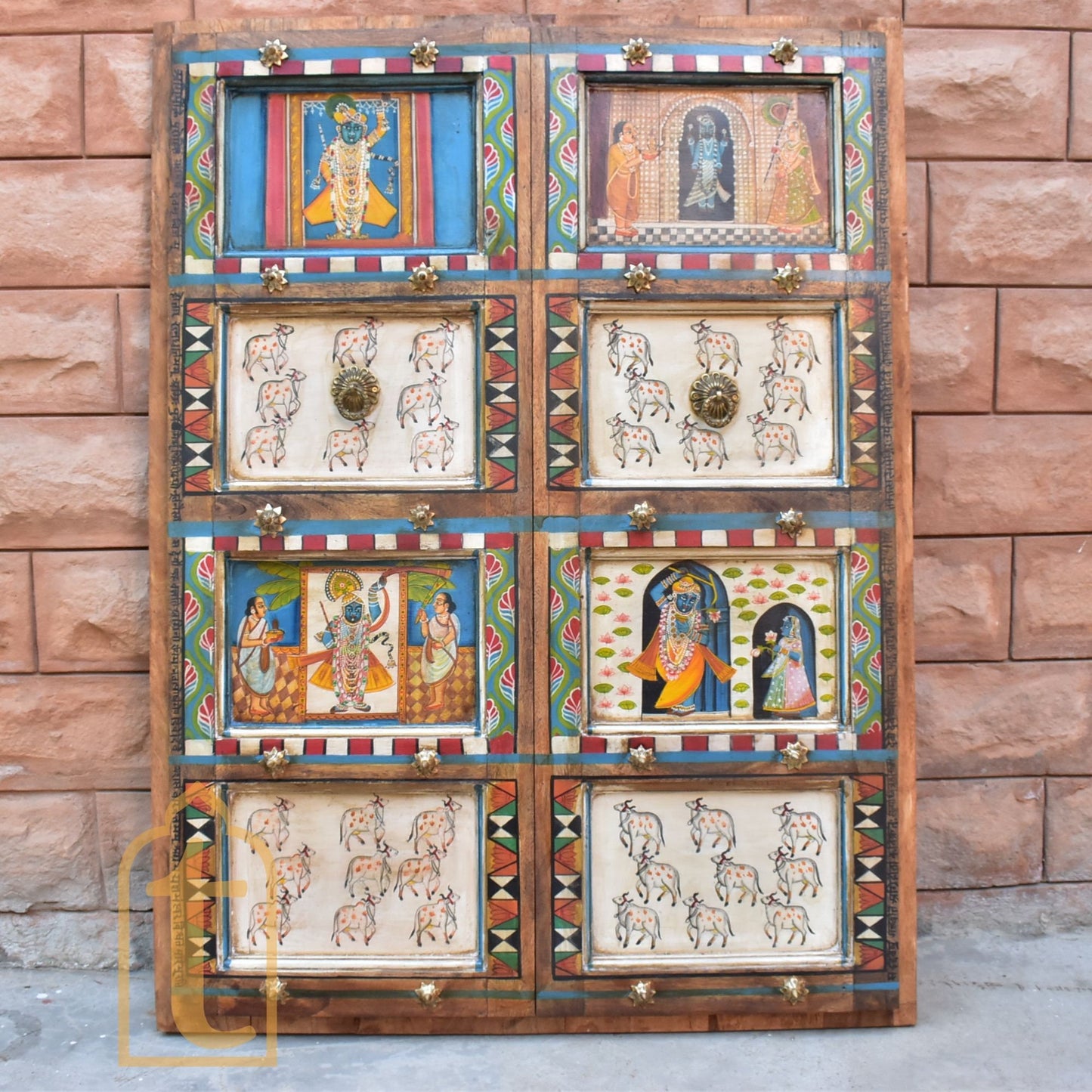 ANTIQUE Indian DOOR | Metal Fitted Hand painted SHRINATH Ji Wall Hanging Wall Panel Home Decor Doors Made From Reclaimed Wood.