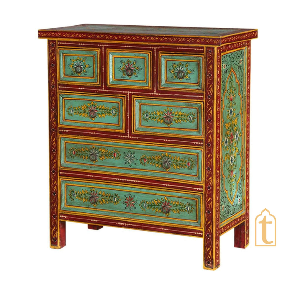 Indian Hand Painted Green Garden Mango Wood Chest of 7 Drawers / Large Chest of Drawer for Living Room | Traditional Side Table with Drawers.