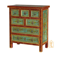 Indian Hand Painted Green Garden Mango Wood Chest of 7 Drawers / Large Chest of Drawer for Living Room | Traditional Side Table with Drawers.