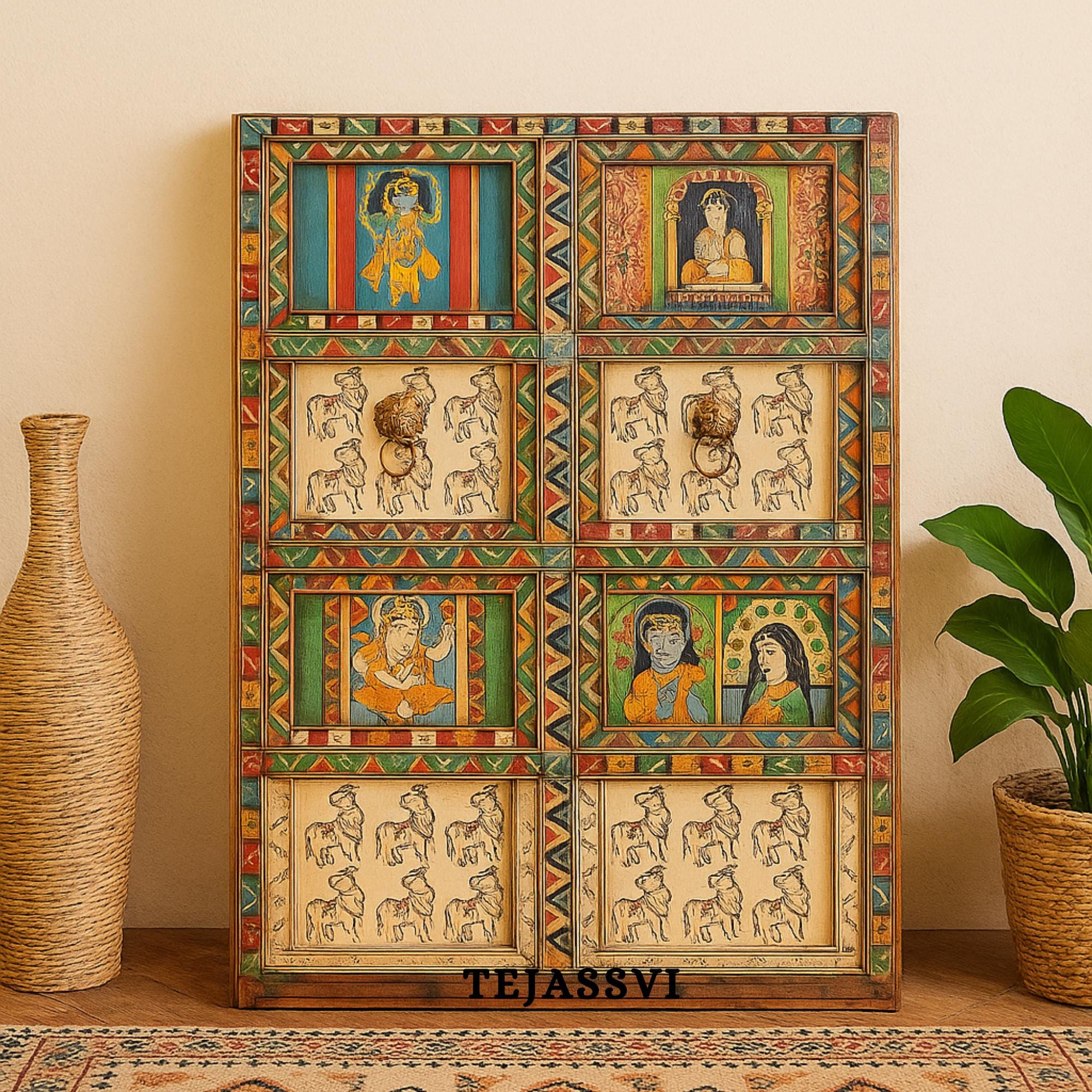 ANTIQUE Indian DOOR | Metal Fitted Hand painted SHRINATH Ji Wall Hanging Wall Panel Home Decor Doors Made From Reclaimed Wood.