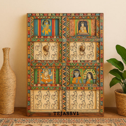ANTIQUE Indian DOOR | Metal Fitted Hand painted SHRINATH Ji Wall Hanging Wall Panel Home Decor Doors Made From Reclaimed Wood.