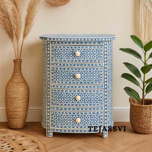 Bone Inlay Wooden Four Drawers semi round Geometric Pattern design Bedside Table/ nightstand, Bone Inlay side table, Inlay chest of drawers.