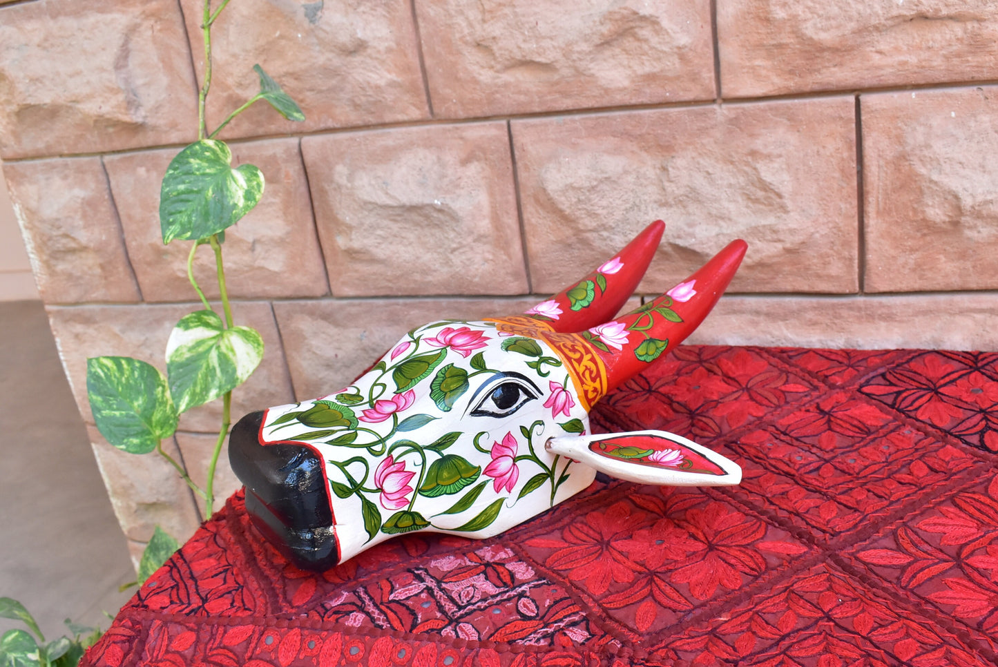 Wooden painted Bull | Nandi | Cow | head | face mask for wall decor. 15” long. Handmade artwork for interior from Kerala India.
