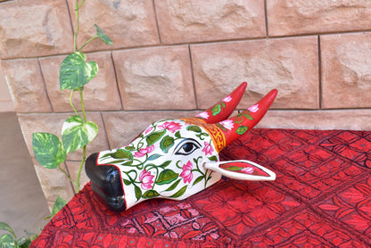 Wooden Painted Bull | Nandi | Cow | head | face mask for wall décor. 14” long. Handmade artwork for interior from Kerala India.
