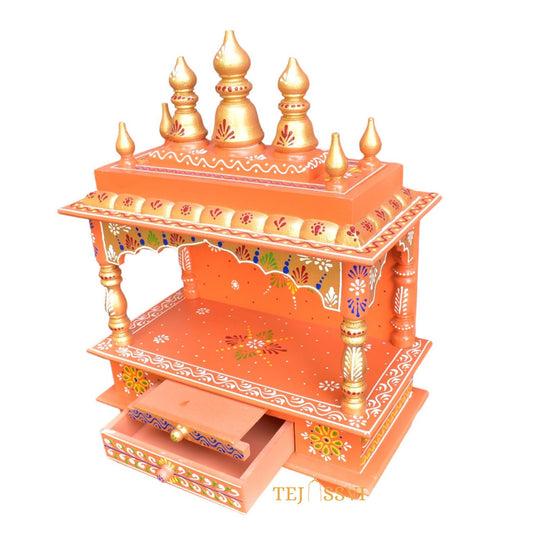 Orange Wooden Open Temple Pooja Mandir | Beautiful Wall Hanging Small Wooden Temple for Home | Wooden Prayer Room, Alter, Shrine, Pooja Ghar