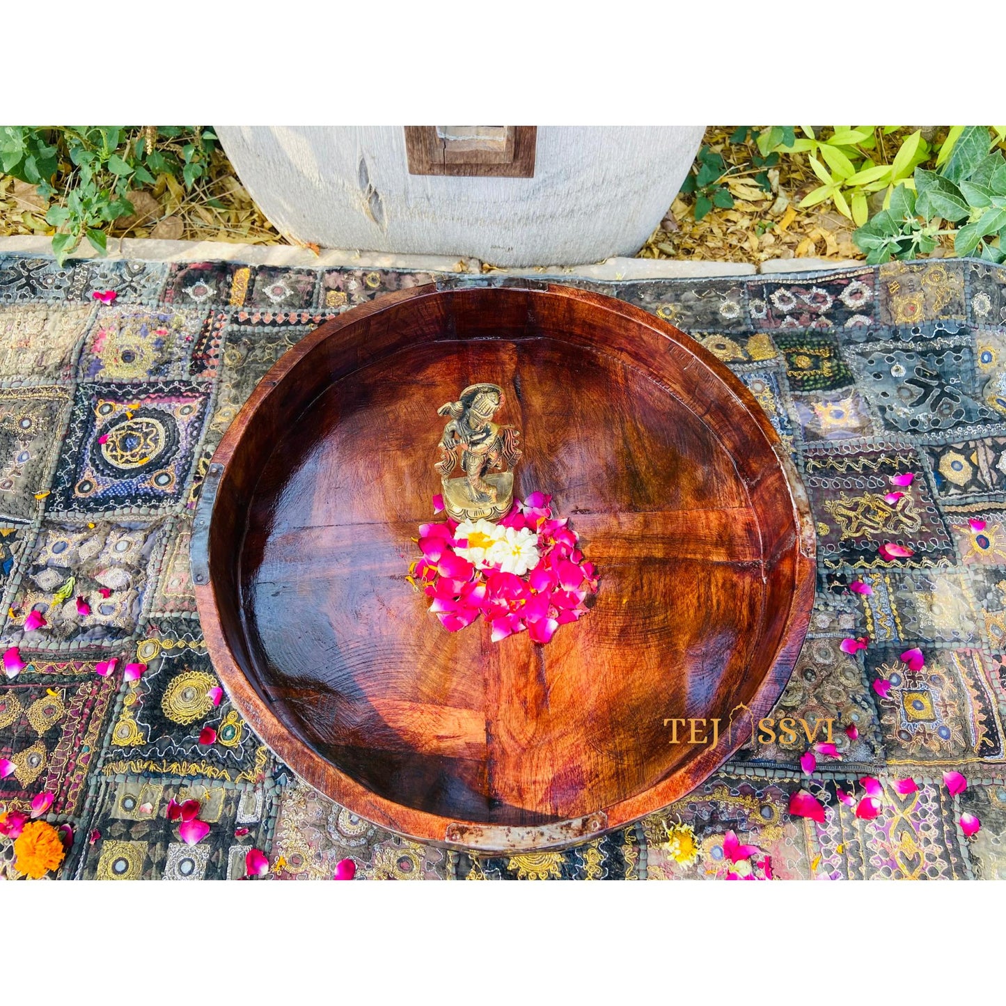 Wooden Coffee Table Natural Hand Made Carved Round Indian Grinder Table Chakki Table,Central Home Decor SideTable, Beautiful Handicraft Art