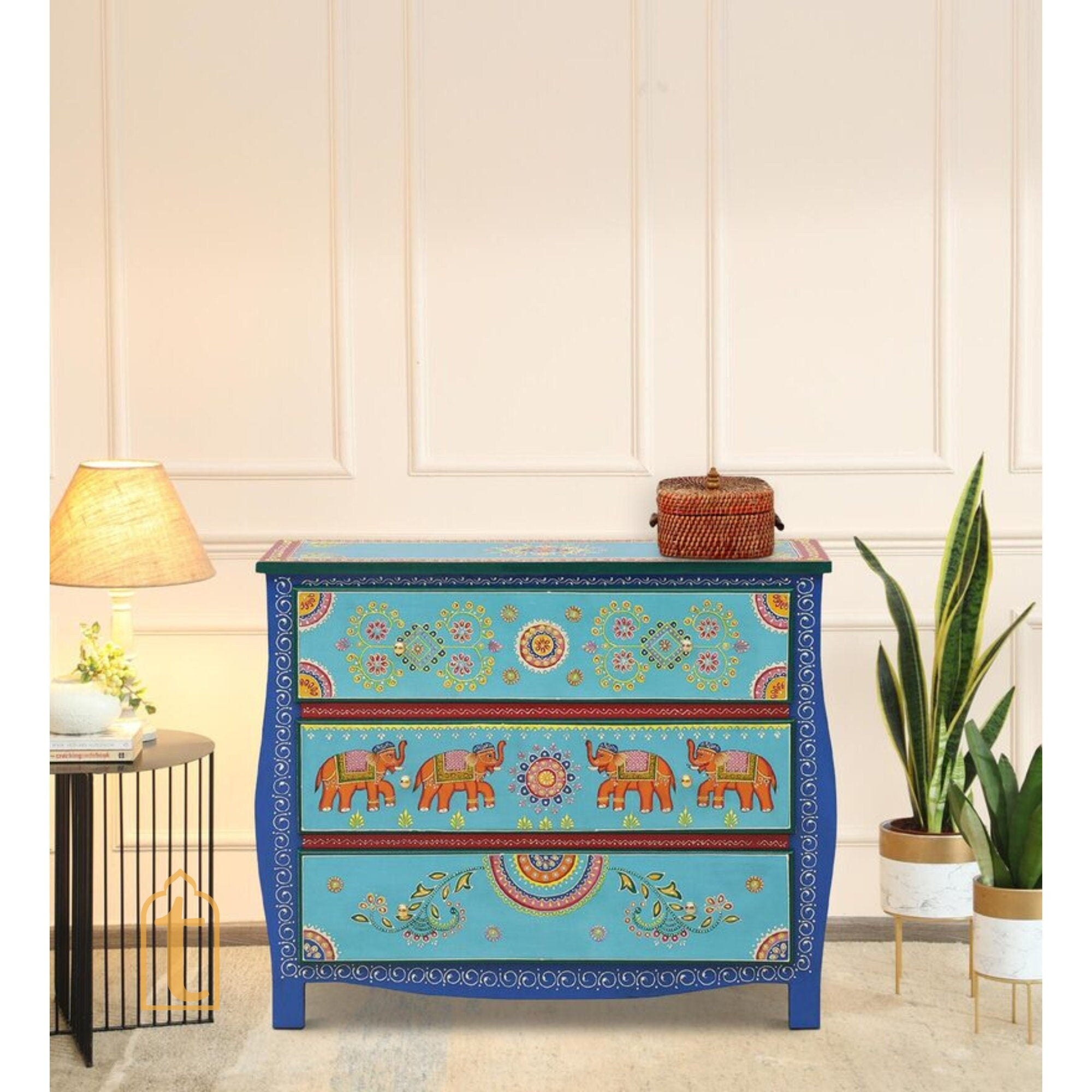 Wooden Indian Hand painted Wooden Chest of Drawers / Side Table / Chest of Drawers for Living Room | Traditional Side Table with Drawers.