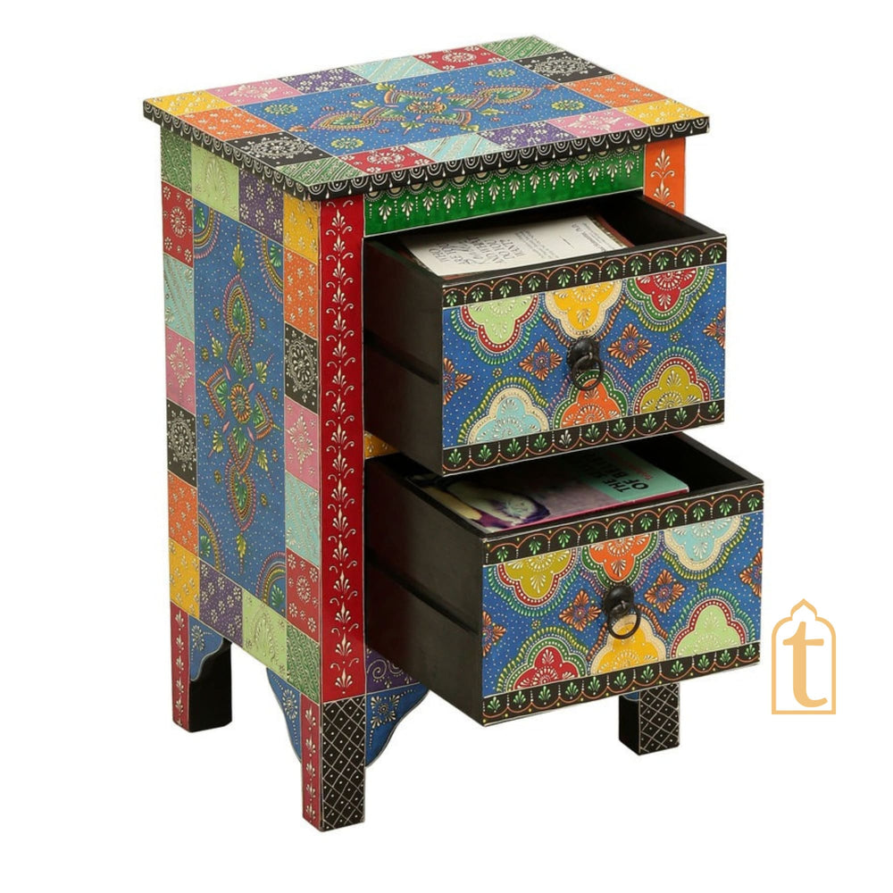 Indian Hand painted Wooden Chest Drawers / Side Table / Chest of Drawer for Living Room | Traditional Side Table with Drawers.