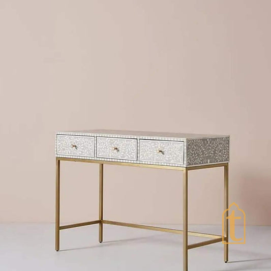 Handmade Bone Inlay Console Table | Hall-Way Entry Table | Study Table | White |  Wooden bone inlay floral Laptop table,  Inlay white Table.
