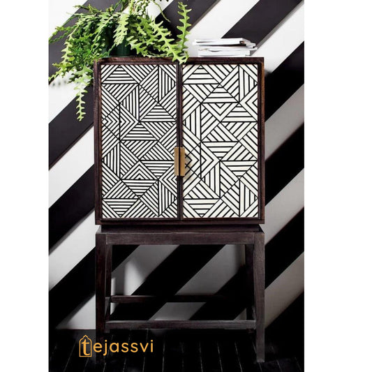 Geometric Bar cabinet/wooden Handmade Bone Inlay chest | Storage Unit and Table/Bone Inlay  Storage Console | Modern and Luxury Furniture.
