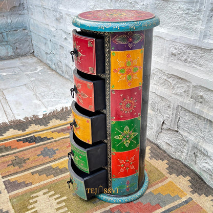 Handmade Hand Painted Round Side Table, Indian Painting Furniture Cabinet, Moroccan painted Furniture, Bedroom Furniture, Chest Of Dressers,