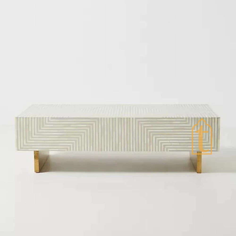 Handmade Modern Striped Pattern Coffee Table / Bone Inlay Wooden Coffee Table / Wooden Furniture / Rectangle Coffee Table / Bone Inlay Cocktail Table.