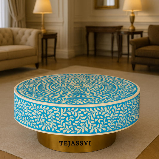 Wooden Blue  Round Coffee Table/Bone Inlay Coffee Table/Wooden Center Table/Bone Inlay Table/Floral Centre Table, Bone Inlay Cocktail Table.