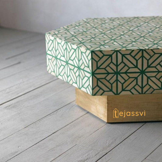 Handmade Hexagonal Bone Inlay Coffee Table/Geometric Center Table/Wooden Bone Inlay Table/Centre Table/Wooden Coffee Table/Inlay CoffeeTable