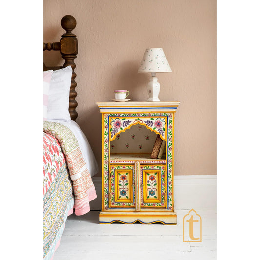 Handmade Hand Painted Bedside Table in Cream & Yellow, Home Decor Table, Bedroom Table, Side Table, Indian, Moroccan painted Furniture.