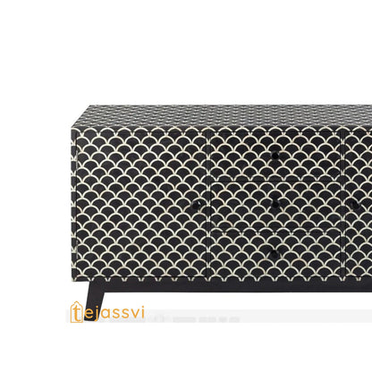 Bone Inlay Fish-scale Scalloped Sideboard in Black Color/Bone Inlay Media Console| Handmade  Bone Inlay Credenza Indian Luxury Buffet Table.