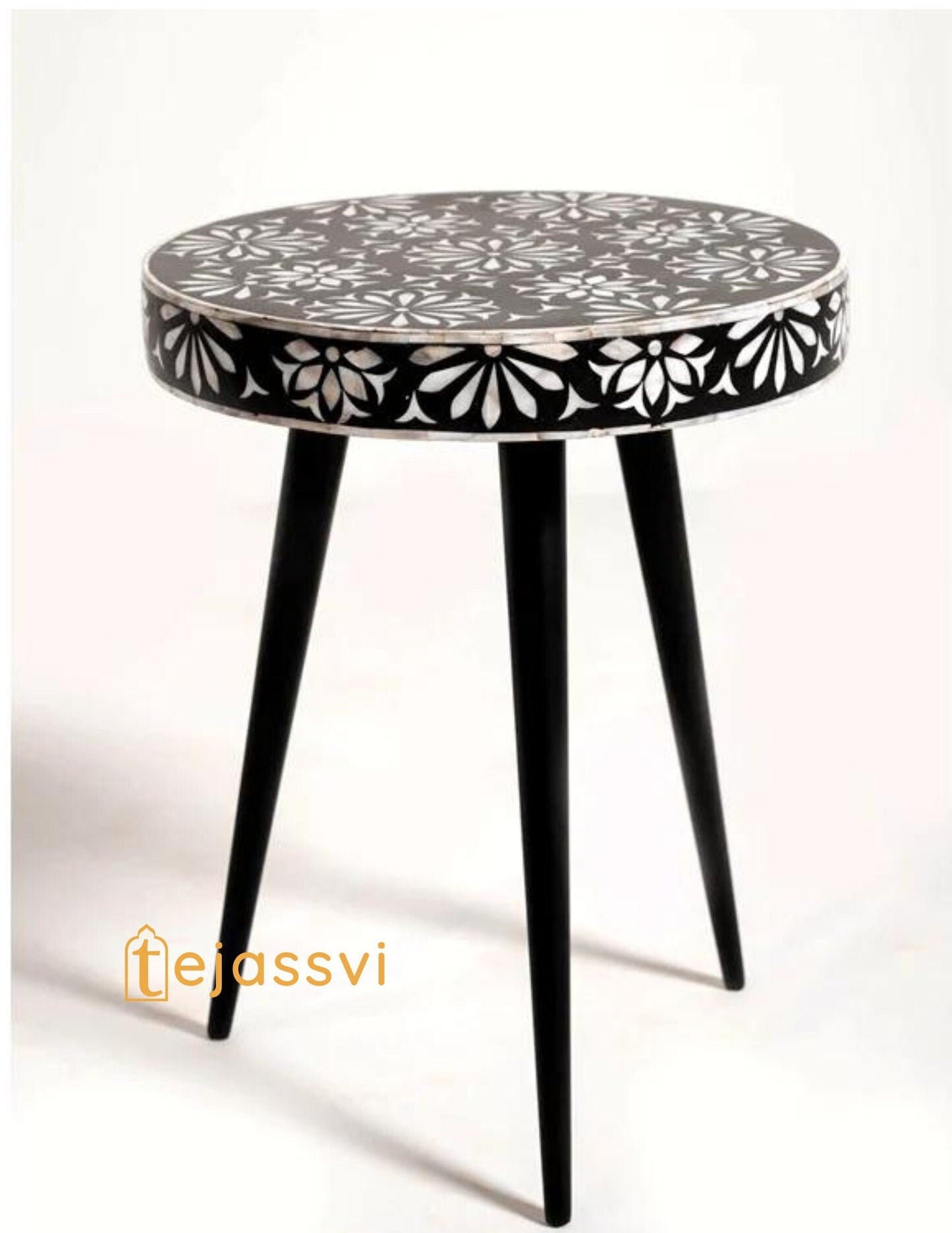 Handmade Bone Inlay stool | Bone inlay Pushkar floral motifs side table | Bone Inlay Wooden Antique Corner Table, Modern Luxury Furniture