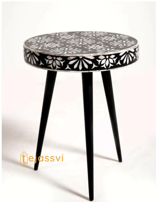 Handmade Bone Inlay stool | Bone inlay Pushkar floral motifs side table | Bone Inlay Wooden Antique Corner Table, Modern Luxury Furniture