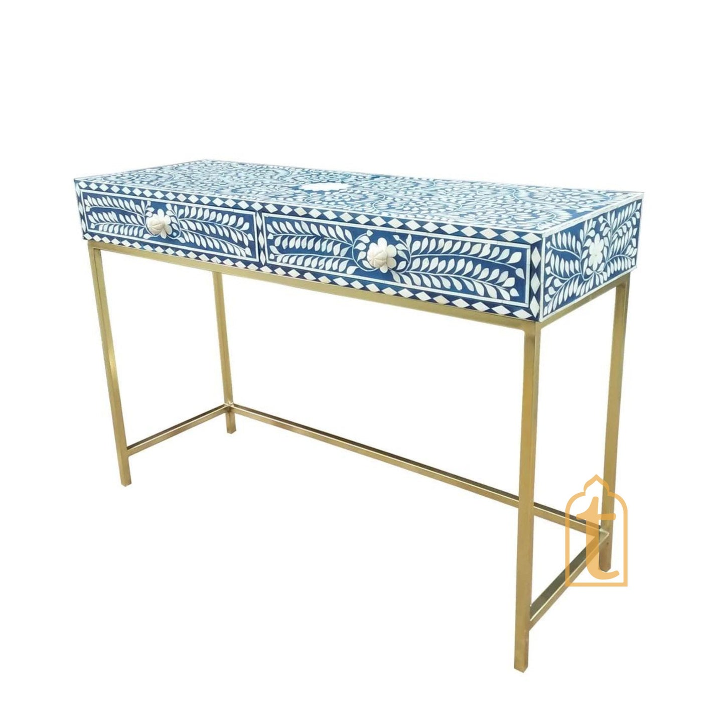 Handmade Bone Inlay Side Table, 2 Drawer Desk/Blue Floral Console Table, Hall table, living room table, Drawer table, wooden Laptop table.