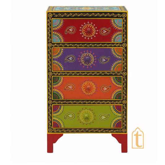 Hand Painted Solid Wood Chest Of Drawer In Multi Colour, 4 Chest Of Drawer/Bed Side, Hand Painted Side Table.