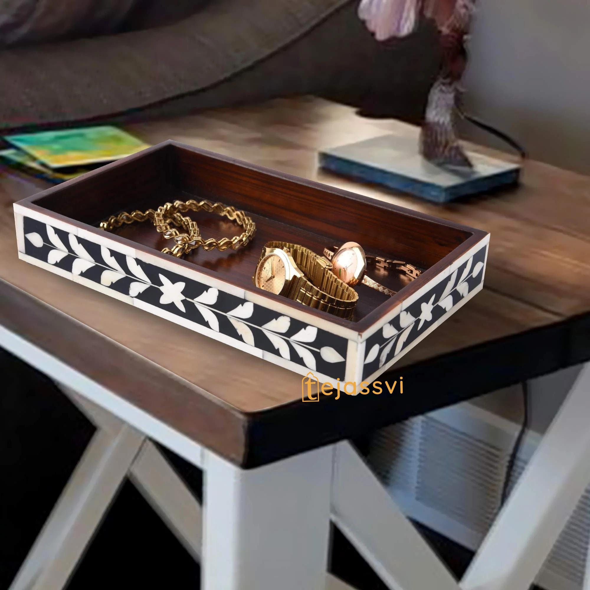 Bathroom Tray Parlour Whist Pattern Black & White 10x6 Inch | Bone Inlay  Serving Tray, Bone Inlaid Rectangular Tray , Decorative tray