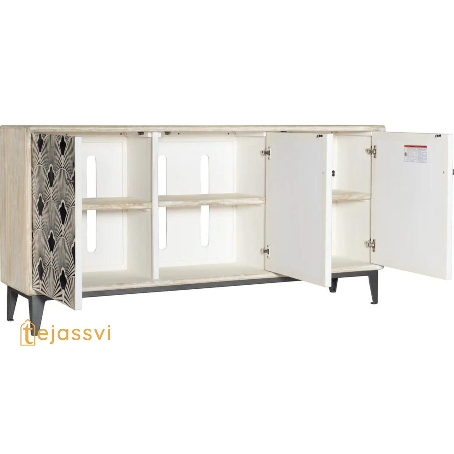 Bone Inlay Bone Optical Design Media Console/Media Cabinet, Bone Inlay Flower Entertainment Credenza White  Finish  Bone Inlay Storage Unit.