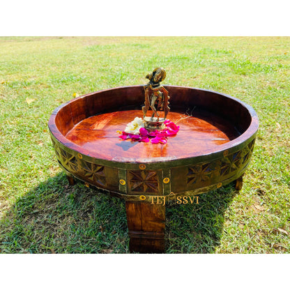 Wooden Coffee Table Natural Hand Made Carved Round Indian Grinder Table Chakki Table / Central Home Décor Side Table / Beautiful Handicraft Art.