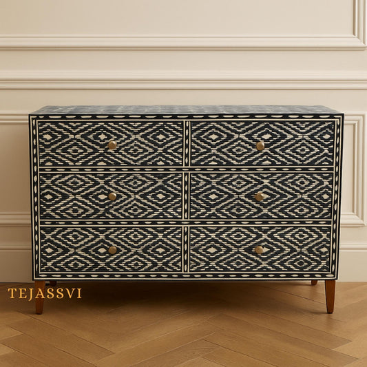 Wooden Dark Blue Bone inlay Diamond pattern 6 chest of drawers/Inlay 6 Drawer Dresser/Bone inlay Floral Pattern 6 Drawers/Chest of Drawers.