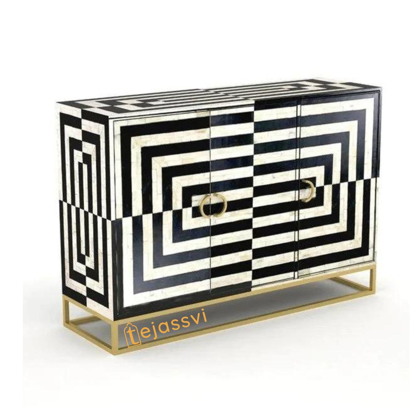 Handmade Indian Luxury Buffet/Table Bone Inlay Geometric Design Sideboard | Media Console & TV Unit  | Buffet Table in abstract Black Color.