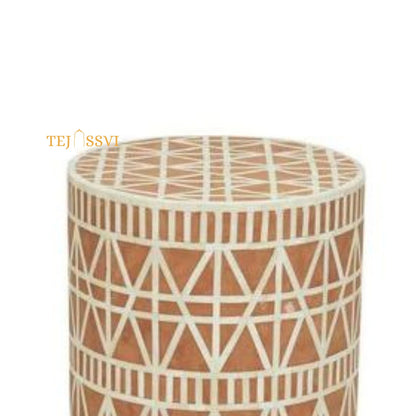 Bone Inlay Handmade Modern Cylindrical Design Side Table | Tribal Bone Inlay Stool in Brown/sofa side Table/Wooden Modern Luxury Furniture.