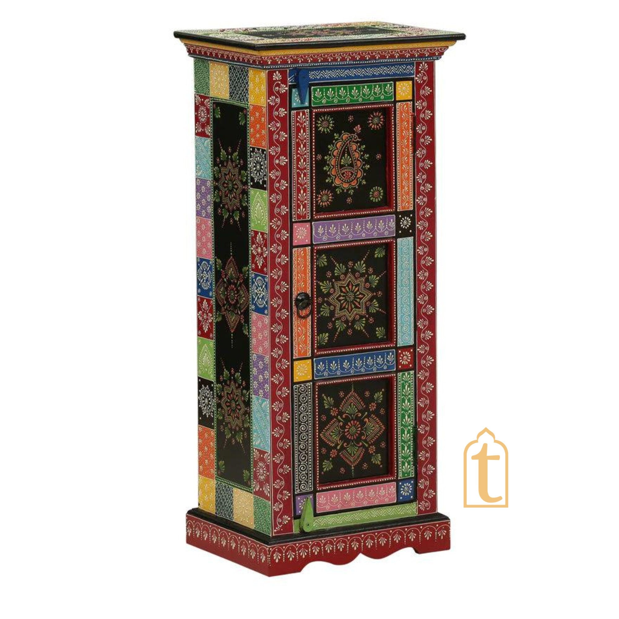 Indian Hand Painted Solid Wood Hand-Painted 1 Door Wardrobe / Wooden Handmade Indian Painted Wooden Small Cabinet / Wooden Wardrobe.
