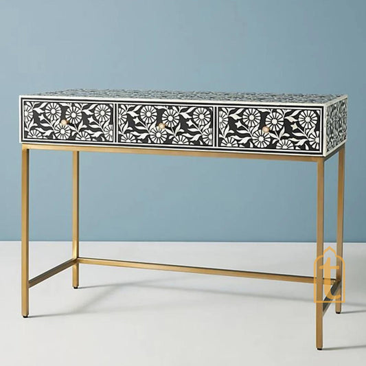 wooden Bone Inlay Sun Floral Design 3 Drawers Console Black/Bone Inlay Sun Floral Design Desk Black/Bone Inlay Storage Unit With Metal Legs.