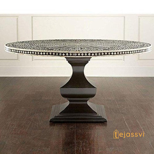 Handmade Bone Inlay Dining Table | Modern Floral Pattern Bone Inlay Round Coffee Table furniture for Home Restaurant Hotel. Wooden Table..